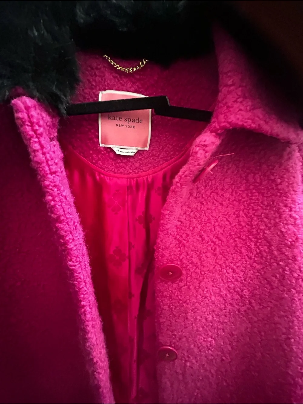 kate spade Hot Pink Pea Coat with Black Faux Fur Collar